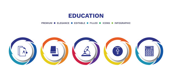 set of education filled icons. education filled icons with infographic template. flat icons such as various files, library books, biology microscope, top, school calculator vector.