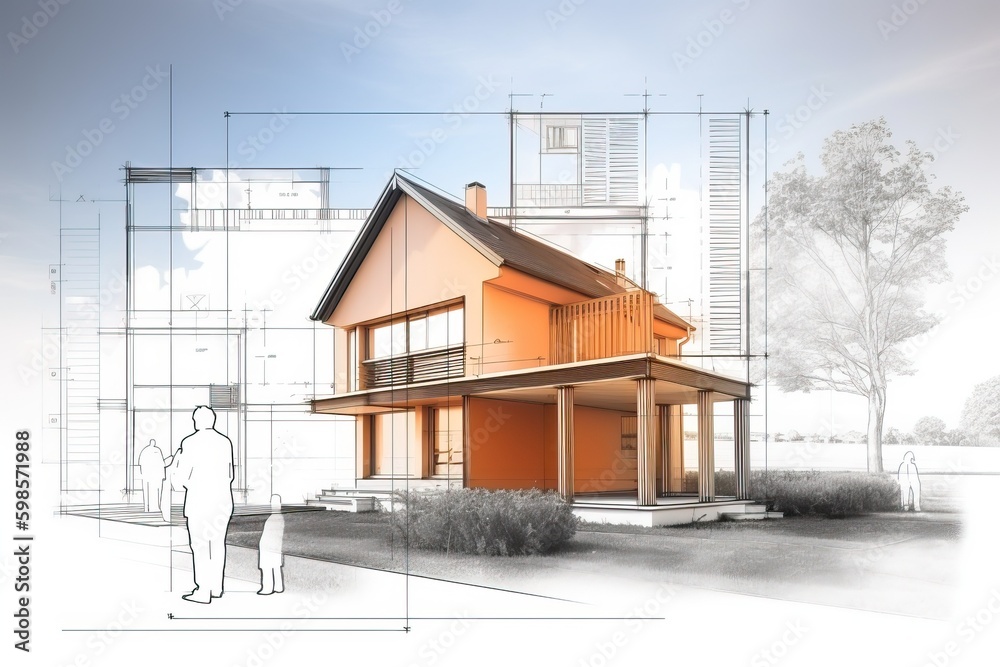 Poster Architecture 3D and blueprints representation, generative ai