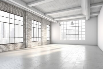 an empty room with large windows and a brick wall. Generative AI Generative AI