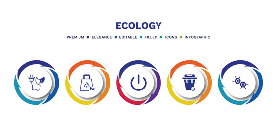 set of ecology filled icons. ecology filled icons with infographic template. flat icons such as eco energy, recycled bag, green power, dust bin, eco cell vector.