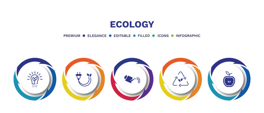 set of ecology filled icons. ecology filled icons with infographic template. flat icons such as green energy, eco plug, watering can, eco, half vector.