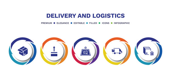set of delivery and logistics filled icons. delivery and logistics filled icons with infographic template. flat icons such as parcel, side up, weight, moving, delivery list vector.