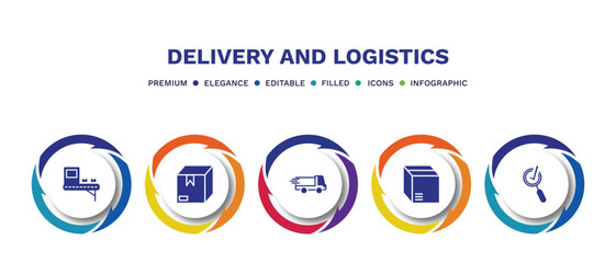 set of delivery and logistics filled icons. delivery and logistics filled icons with infographic template. flat icons such as delivery x ray, package, shipping, packages, inspection vector.