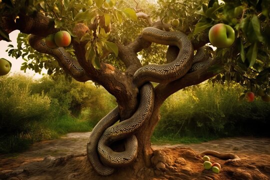 The biblical tree of knowledge in genesis with the apples and the serpent, generative AI