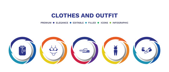 set of clothes and outfit filled icons. clothes and outfit filled icons with infographic template. flat icons such as collarless cotton shirt, lingerine, sleepers, jumpsuit, ballets flats vector.