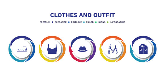 set of clothes and outfit filled icons. clothes and outfit filled icons with infographic template. flat icons such as gladiator sandal, draped top, men hat, jewelry, formal shirt vector.