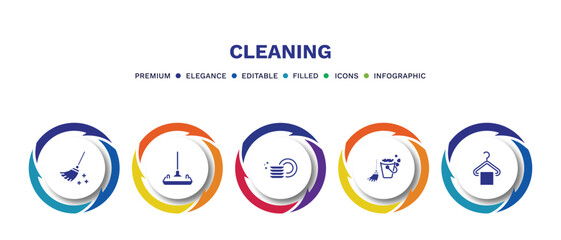 set of cleaning filled icons. cleaning filled icons with infographic template. flat icons such as broom cleanin, wiping vacuum tool, clean dishes, mop cleanin, hanger cleanin vector.