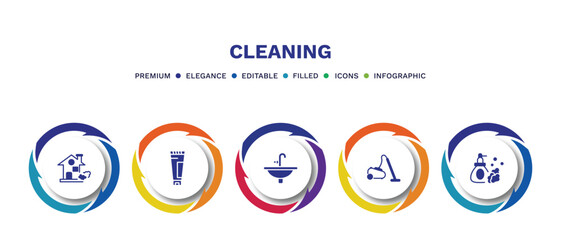 set of cleaning filled icons. cleaning filled icons with infographic template. flat icons such as house, cream cleanin, sink, vacuum cleanin, wiping soap vector.