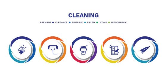 set of cleaning filled icons. cleaning filled icons with infographic template. flat icons such as hands cleanin, compress cleanin, wiping tray tool, clean window, toothpaste vector.