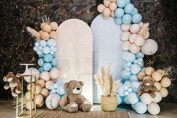Arch with bears on background balloons. Photo-wall decoration space or place with beige, brown,...