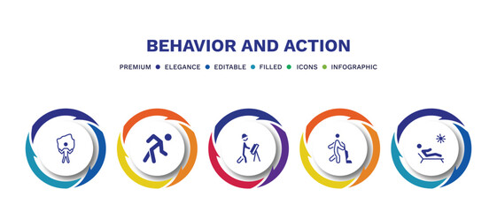 set of behavior and action filled icons. behavior and action filled icons with infographic template. flat icons such as rope jumping, stick man excersicing, engineer working, man vacuum, man