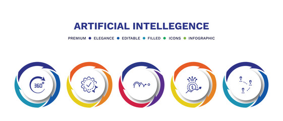 set of artificial intellegence filled icons. artificial intellegence filled icons with infographic template. flat icons such as 360 degree, technical support, motion, value, demographic vector.