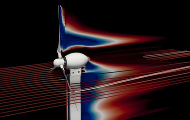 CFD Simulation of a 3D model wind turbine. Pressure gradient and velocity streamlines.  Side view of the blades and motor - obrazy, fototapety, plakaty