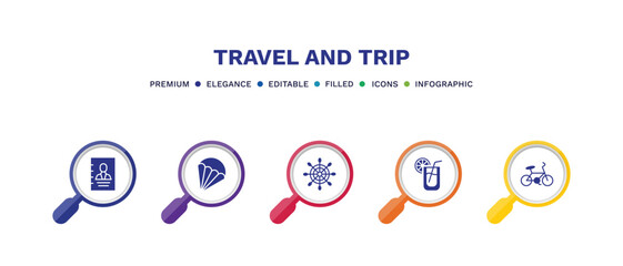 set of travel and trip filled icons. travel and trip filled icons with infographic template. flat icons such as booking, parasailing, rudder, lemonade, bike vector.