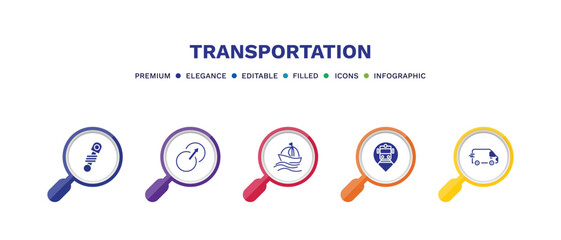 set of transportation filled icons. transportation filled icons with infographic template. flat icons such as shock breaker, transition, sailing, tram stop, free transport vector.