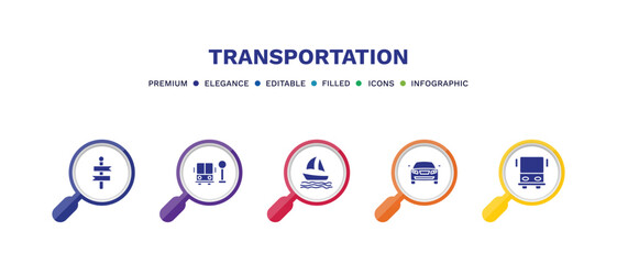 set of transportation filled icons. transportation filled icons with infographic template. flat icons such as way, school bus stop, sail boat, auto, public transportation vector.
