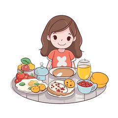 Cute little girl eating healthy food, milk, fruit, meat, vegetable cartoon flat character vector illustration