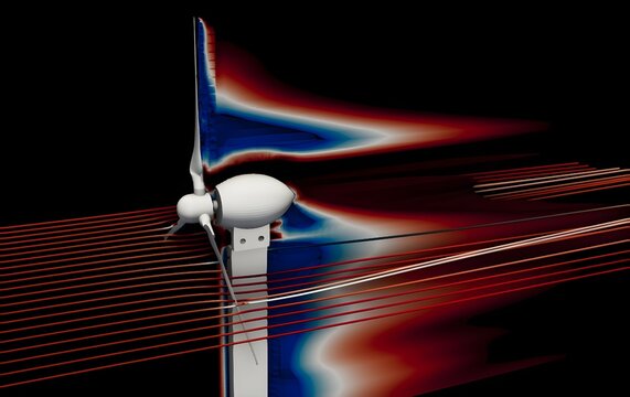 CFD Simulation of a 3D model wind turbine. Pressure gradient and velocity streamlines.  Side view of the blades and motor