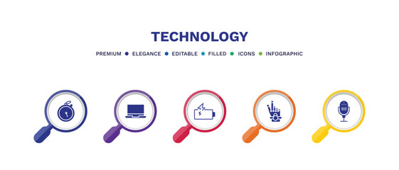 set of technology filled icons. technology filled icons with infographic template. flat icons such as stopwatch running, laptop frontal monitor, battery power, robotic hand, radio microphone vector.