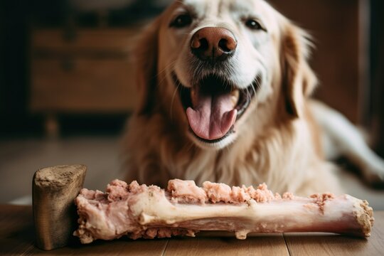 portrait of a dog eating raw food bone