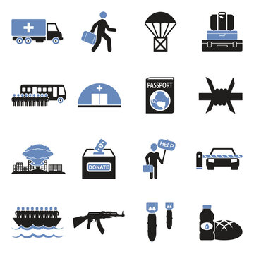 War Refugee Icons. Two Tone Flat Design. Vector Illustration.