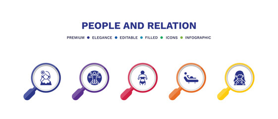 set of people and relation filled icons. people and relation filled icons with infographic template. flat icons such as venezuelan, vitruvian man, seductive, birth, female doctor vector.