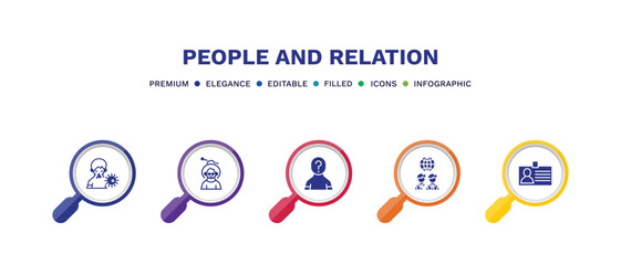 set of people and relation filled icons. people and relation filled icons with infographic template. flat icons such as sickness, old woman, unknown, business partnership, identification ard vector.