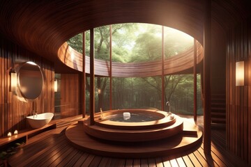 modern bathroom with a circular bathtub and wooden flooring. Generative AI Generative AI