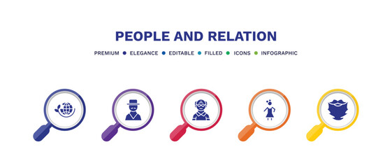 set of people and relation filled icons. people and relation filled icons with infographic template. flat icons such as ecosystem, spanish man, old man, costa rica, beard vector.