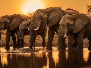 Fototapeta na wymiar A group of elephants standing next to each other at a watering hole. AI generative image.
