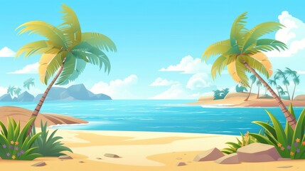 Fototapeta na wymiar Cartoon beach with palm trees. Generative ai composite.