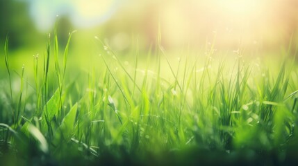 Obraz premium Bright, fresh green grass under the sunshine. Generative ai composite.