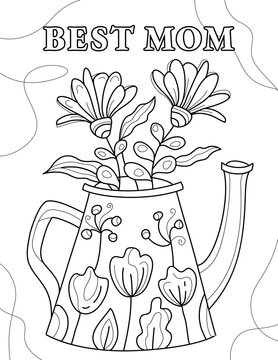 Happy Mother's day! Hand drawn coloring pages for kids and adults. Beautiful drawings with patterns and details. Spring coloring book pictures with blooming branches, flowers, smile, stickers, quotes	