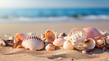 Fototapeta na wymiar Seashells on seashore with blurry beach background . Generative ai composite.