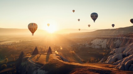 Hot air balloons at golden hour over canyons. Generative ai composite.