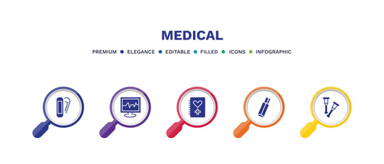 set of medical filled icons. medical filled icons with infographic template. flat icons such as plaster, ecg, medical history, gum, crutch vector.