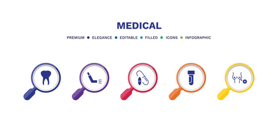 set of medical filled icons. medical filled icons with infographic template. flat icons such as teeth, inhalator, drugs, blood sample, breast implant vector.