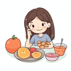 Cute little girl eating healthy food, milk, fruit, meat, vegetable cartoon flat character vector illustration