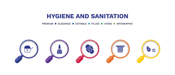set of hygiene and sanitation filled icons. hygiene and sanitation filled icons with infographic template. flat icons such as flossing, varnish, sanitary napkin, laundry basket, parasite vector.