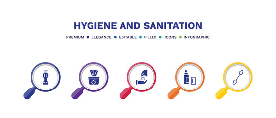 set of hygiene and sanitation filled icons. hygiene and sanitation filled icons with infographic template. flat icons such as chlorine, baby wipe, dryer, lip balm, cotton swab vector.