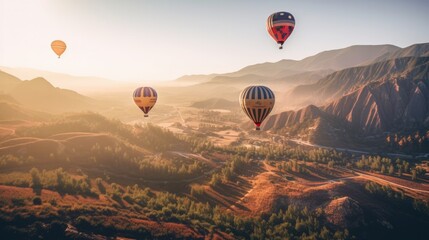 Hot air balloons over a valley at golden hour. Generative ai composite.
