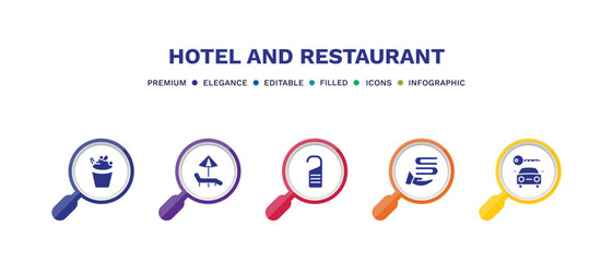 set of hotel and restaurant filled icons. hotel and restaurant filled icons with infographic template. flat icons such as frozen yogurt, hammock, door hanger, towels, rent a car vector.