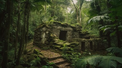 Ancient stone ruins in the Amazon. Generative ai composite.