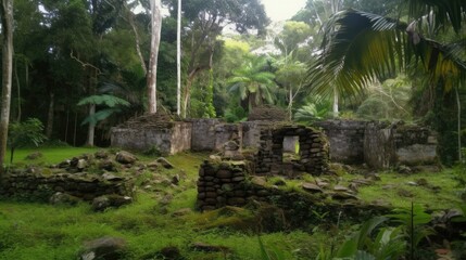 Ancient ruins in a tropical jungle. Generative ai composite.