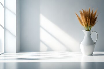 Blank room white vase with dried grass, soft beautiful dappled sunlight, leaf shadow on white wall