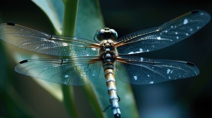  An ethereal close - up of a dragonfly, with shimmering wings and delicate features. generative ai