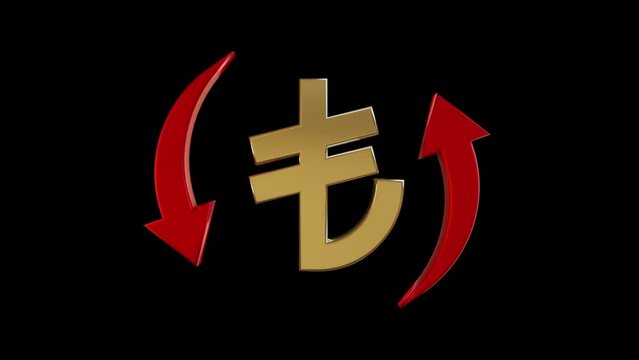 Turkish Lira TL symbol and rotating red arrows, on black background. Currency value, exchange and economy concept.