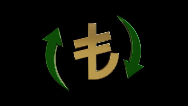 Turkish Lira TL symbol and rotating green arrows, on black background. Currency value, exchange and economy concept.
