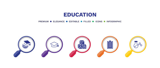 set of education filled icons. education filled icons with infographic template. flat icons such as international graduate, graduate cap, baby abc cubes, written clipboard, chemical content vector.