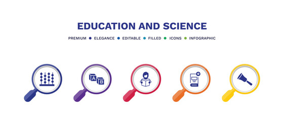 set of education and science filled icons. education and science filled icons with infographic template. flat icons such as abacus, creche, student and books, favorite book, hand bell vector.